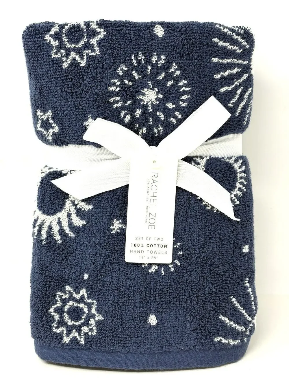 Rachel Zoe Celestial Sun Moon Stars Hand Towels 18x28” Blue Wht Plush NWT 2